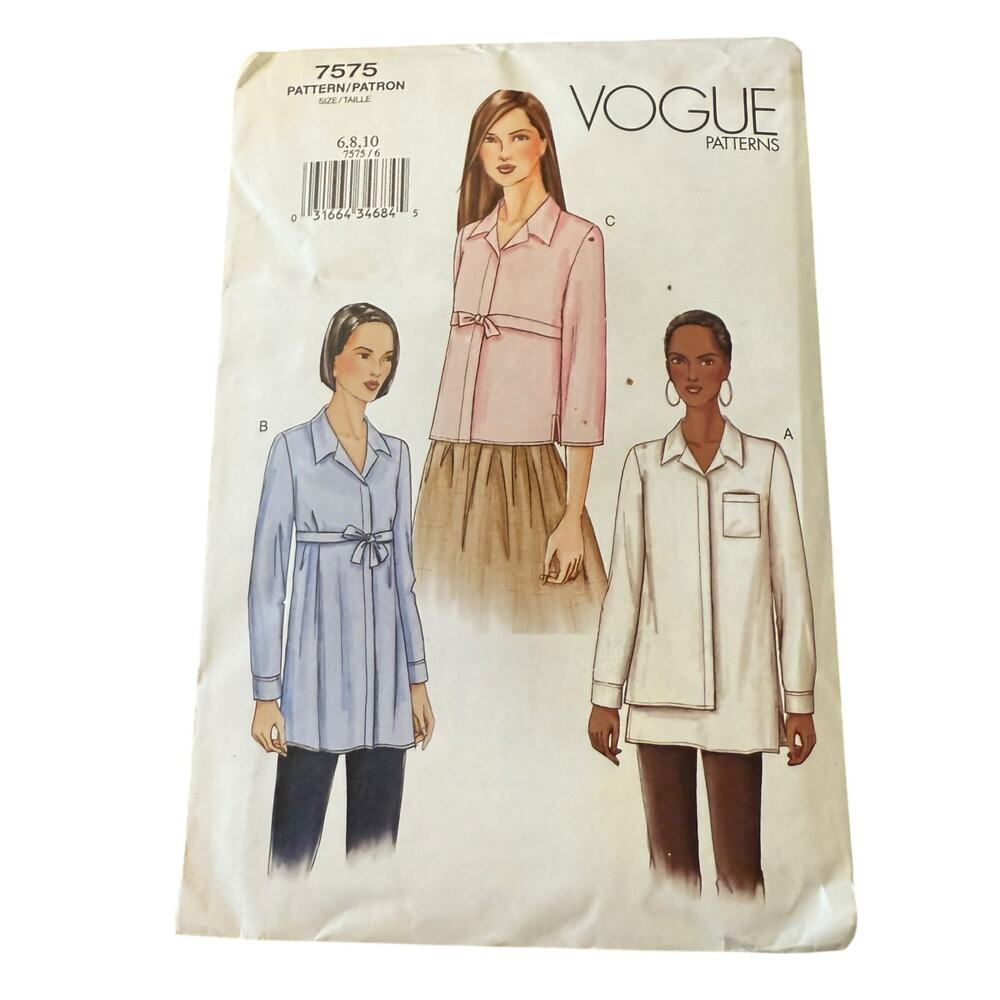 VOGUE 7575 MISSES EASY SHIRT IN 3 LENGTHS & STYLES‎ PATTERN-UNCUT-SIZES-6 8 10